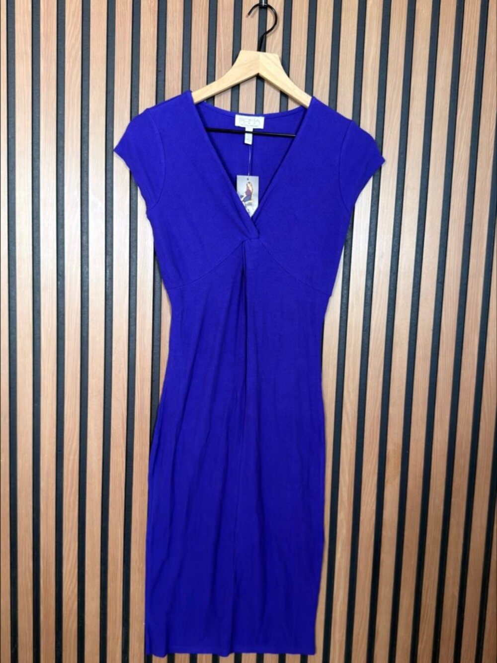 New Sofia Vergara Dress XS Purple Blue Ribbed Front Twist Sheath Short Sleeve